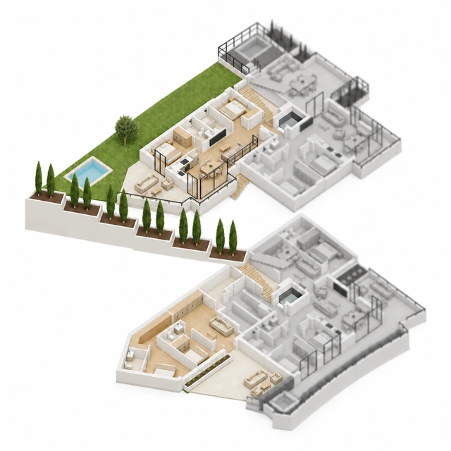 Isométrico de Primero 2.ª · Dúplex, Garden Houses, vivienda y anexos en dos niveles